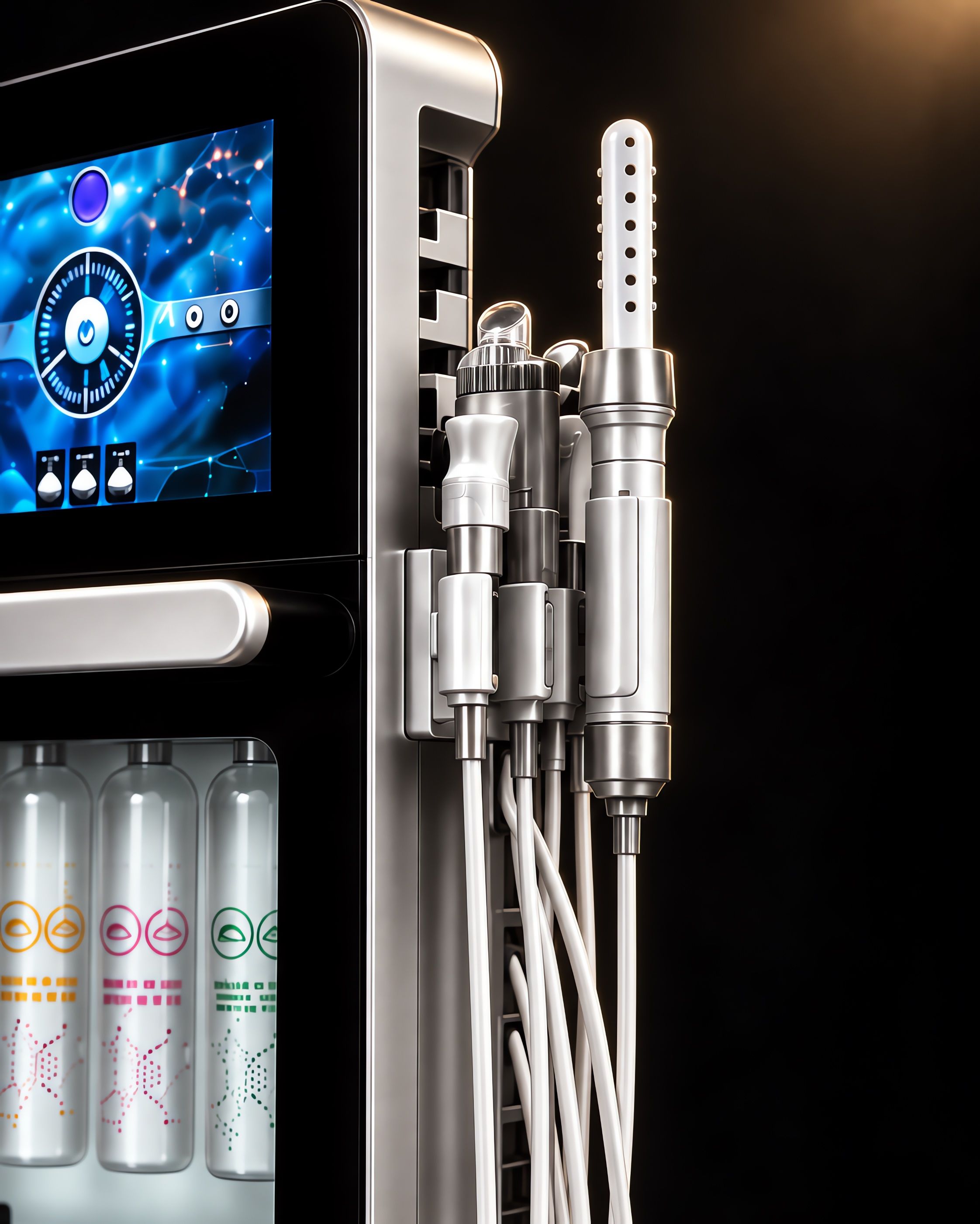 HydraFace 17+1'in yan tarafında dizili gümüş el başlıkları ve beyaz hortumları; solda mavi ekran, altta serum şişeleri.