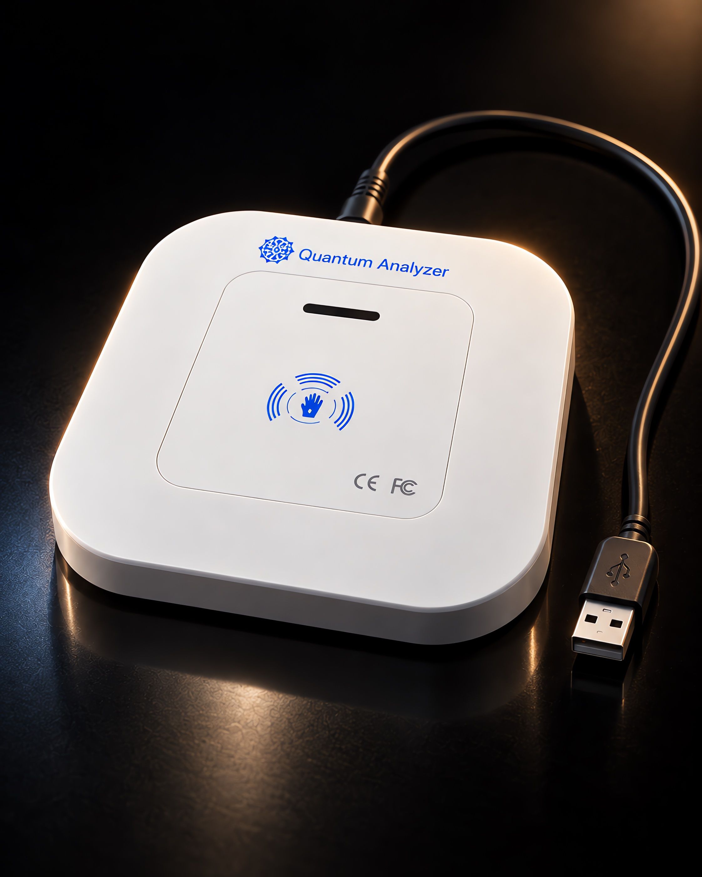 Siyah zeminde üstünde mavi avuç simgesi ve iki yanında dalga çizgileri bulunan beyaz Quantum Analyzer temas paneli.